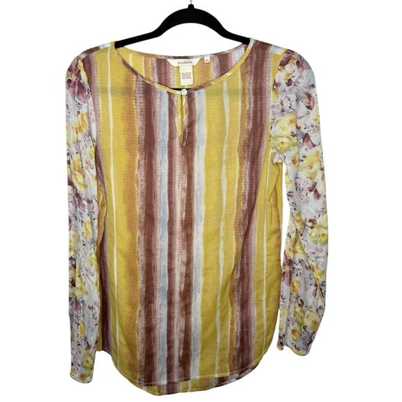 SUNDANCE / yellow maroon striped floral semi-sheer long sleeve blouse top / XS - Picture 1 of 6